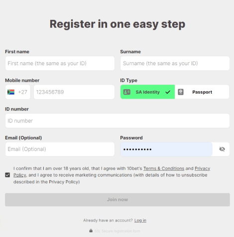 10Bet Registration Form