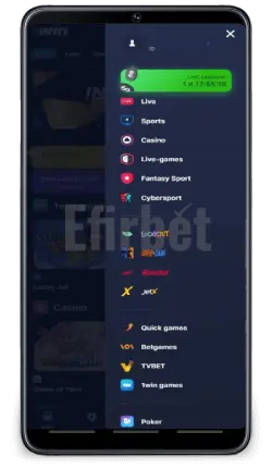 1Win Mobile App for Android - Menu