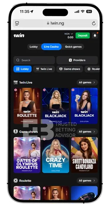 1Win App iOS Live Casino NG