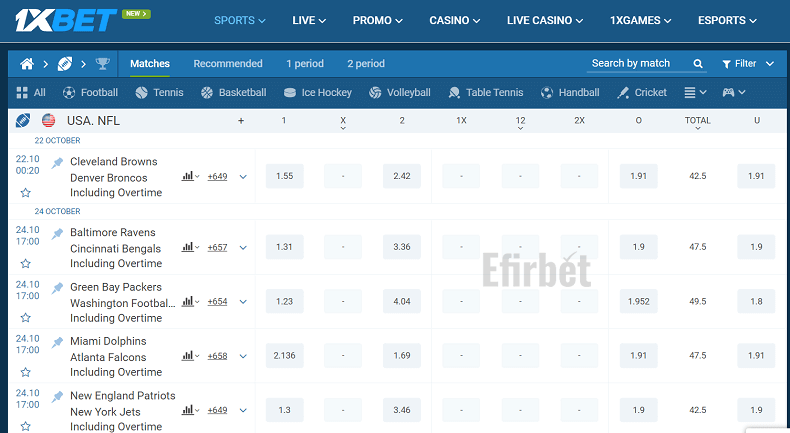 1xBet Amercan Football betting