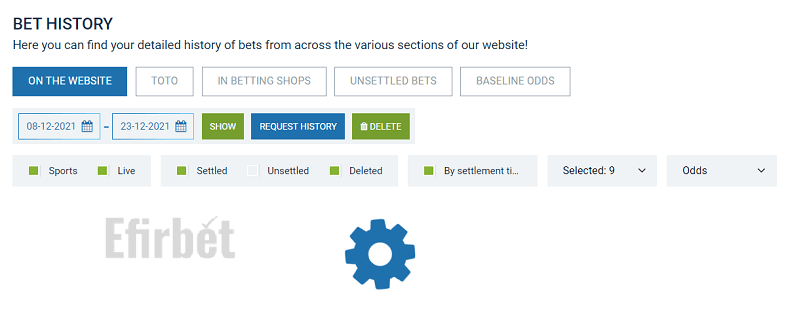 1xBet bet history filters