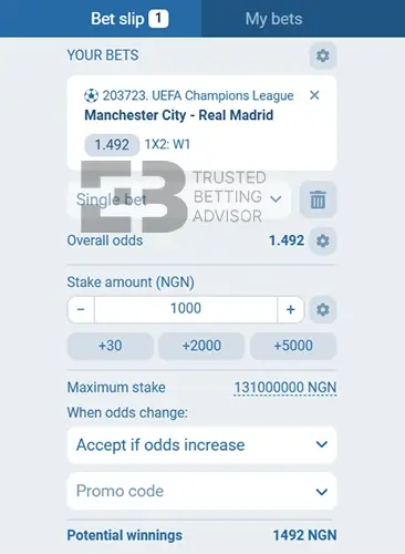 1xBet Bet Slip Nigeria