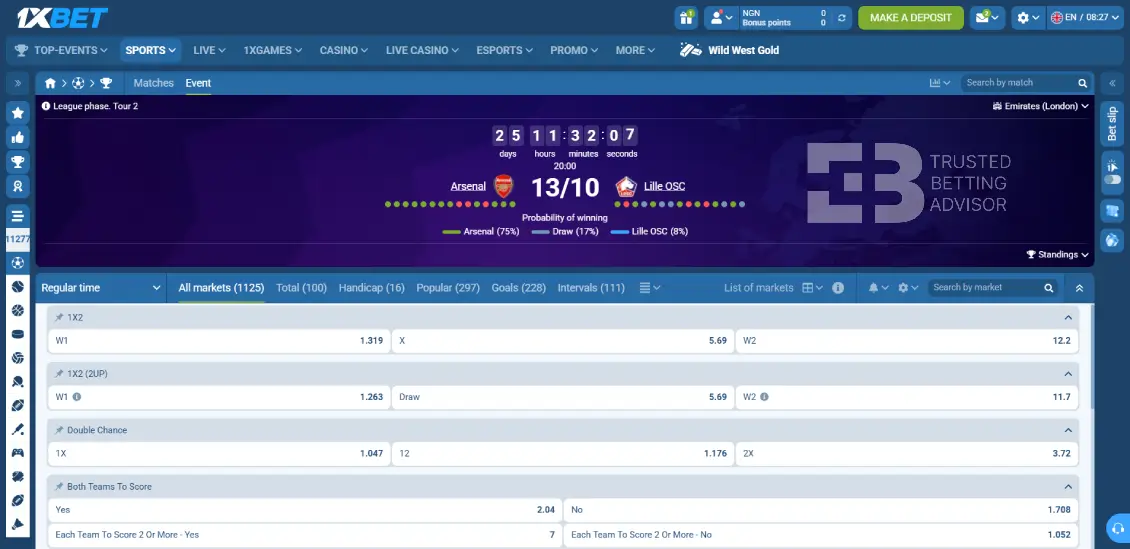 1xBet Nigeria Betting Markets