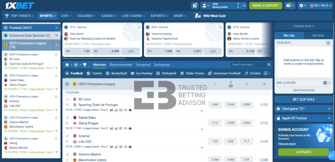 1xBet Nigeria Champions League Betting