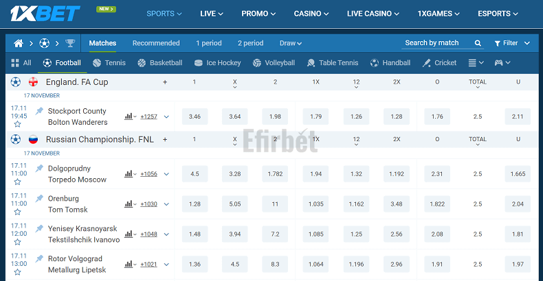 1xBet football betting section