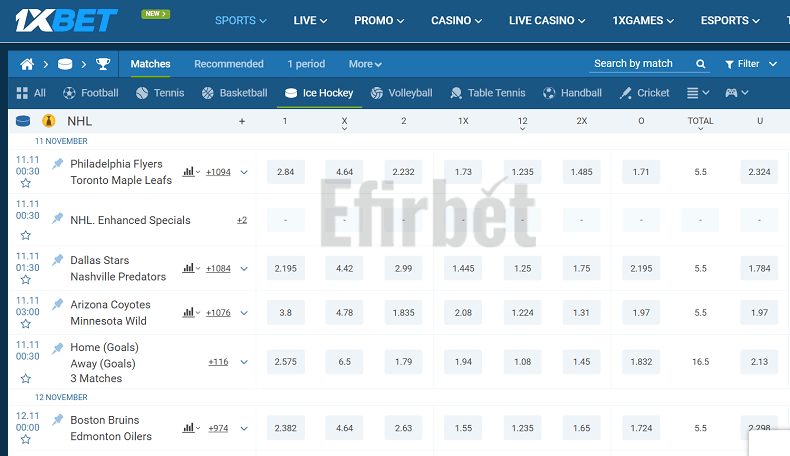 1xBet hockey betting