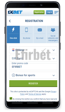 1xBet one-click registration thru mobile