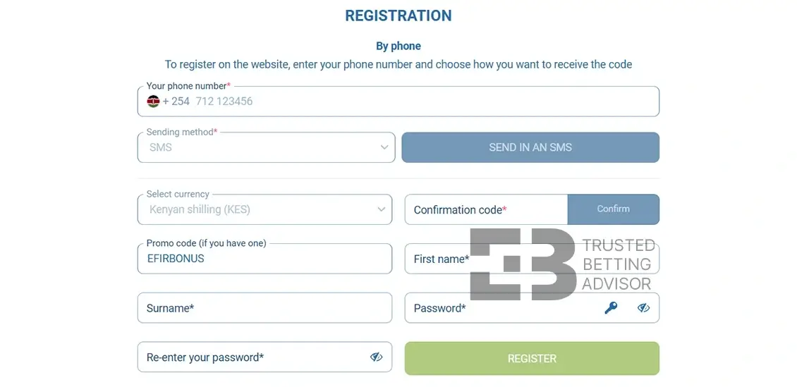 1xBet Registration Form Kenya