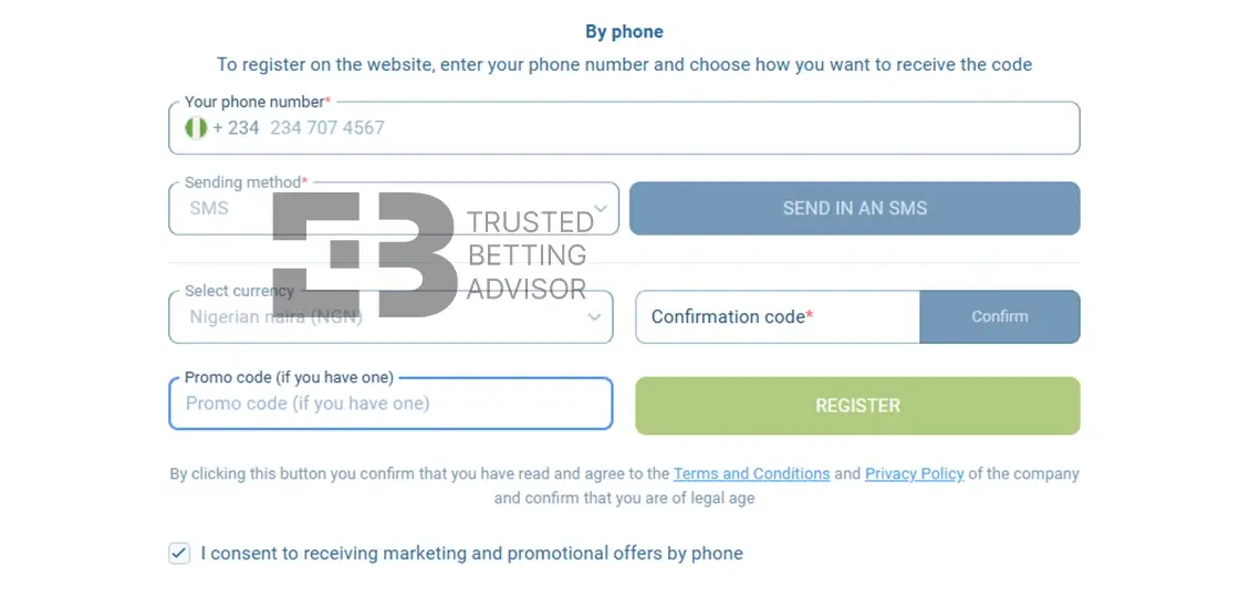 1xBet Registration Form Nigeria