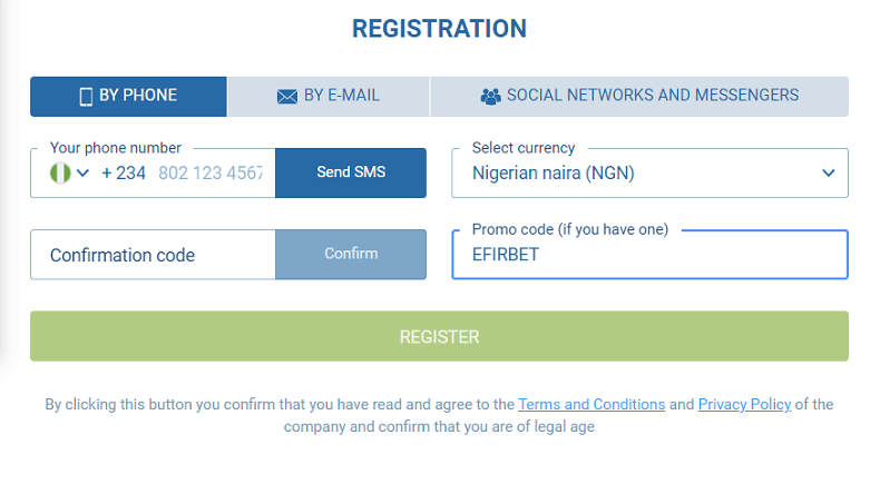 1xBet Nigeria registration