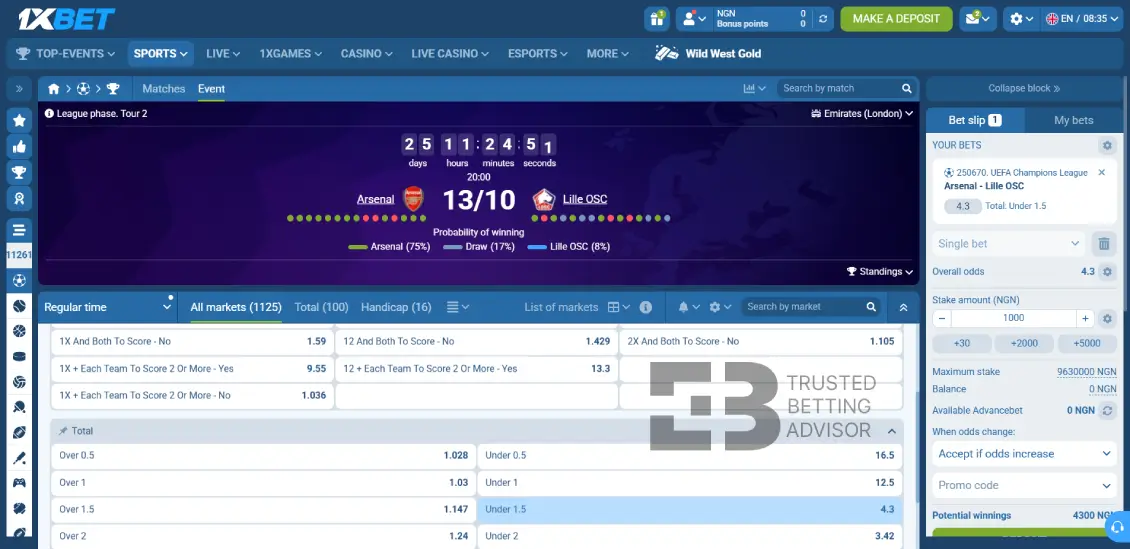1xBet Nigeria Single Bet