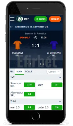 20Bet mobile in-play