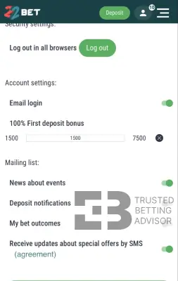 22Bet Account Balance NG