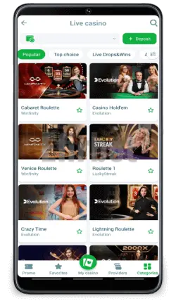 22bet app live casino section