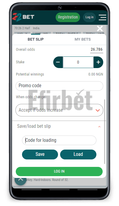 How to load bet code in 22Bet app