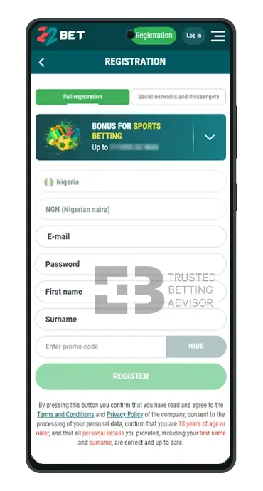 22Bet Nigeria App Registration Form Android