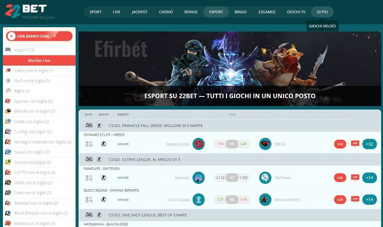 sezione eSport su 22Bet