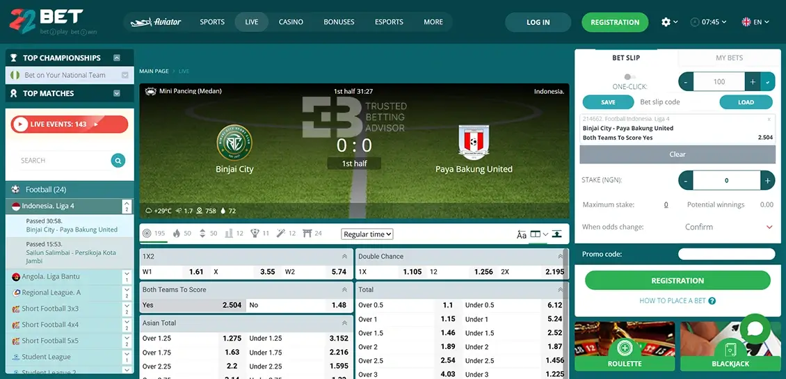 22Bet Nigeria Live Betting