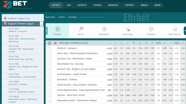 22Bet Premier league betting