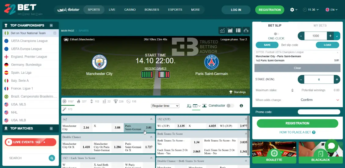 22Bet Nigeria Single Bet