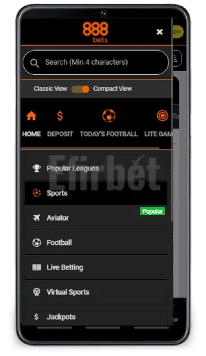 888Bets App Navigation