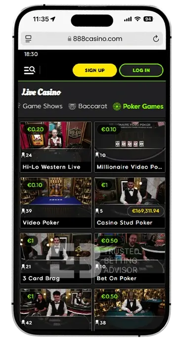 888casino iOS App Poker Games