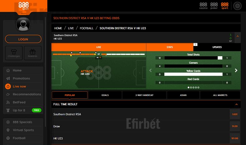 888Sport Live Betting section