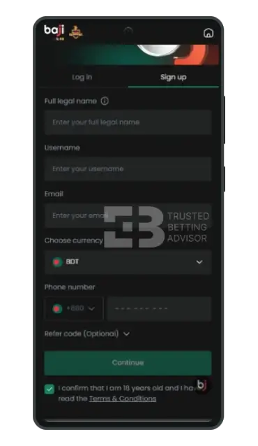 Bajilive app sign up page