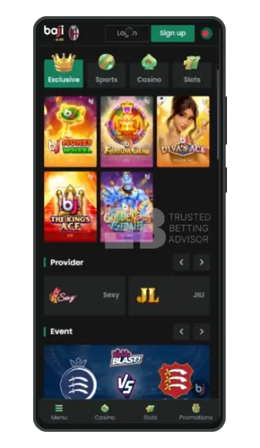 Baji live mobile app homepage