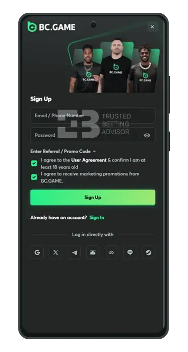 BC Game App Android Registration