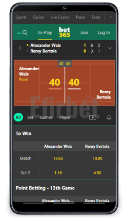 Live bets in Bet365 Android app