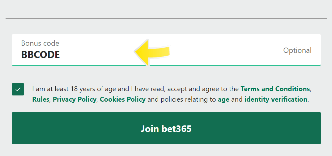 The Bet365 bonus code is BBCODE