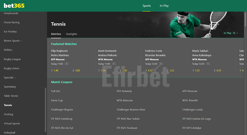 Bet365 tennis betting section