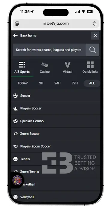 Bet9ja App Sports Menu iOS