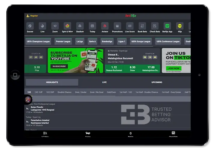 Bet9ja Mobile Version Tablet