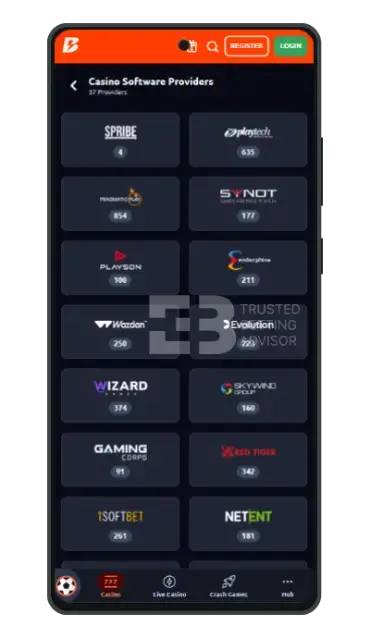 Betano app casino providers screenshot