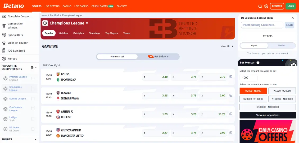 Betano Nigeria Champions League Betting