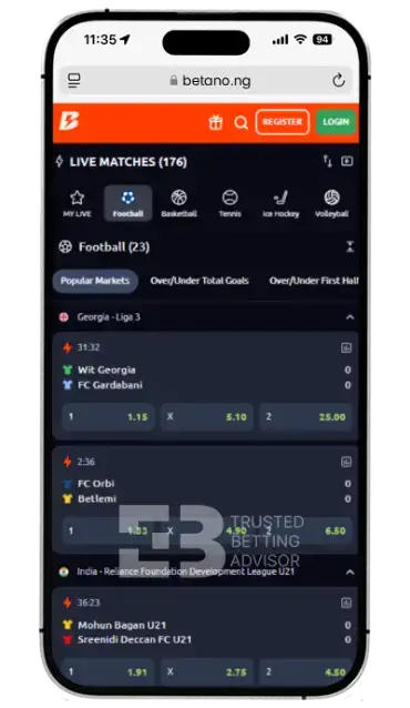 Betano iOS App Live Matches