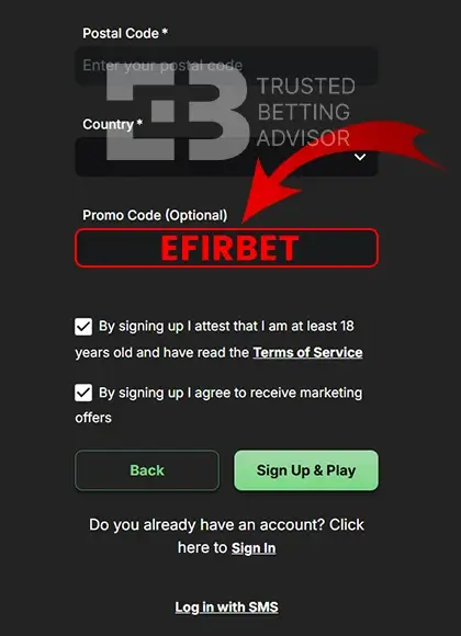 Betblast Casino Promo Code Field