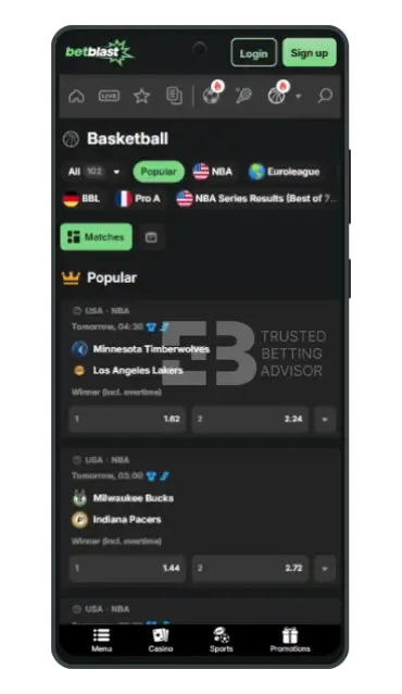 Betblast mobile app screenshot