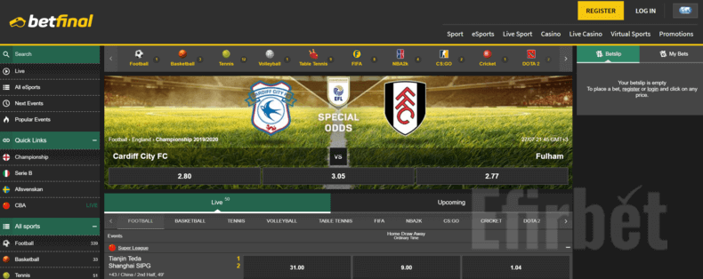 betfinal sportsbook homepage