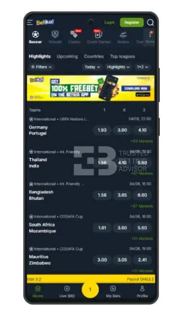 Betika App Homepage for Andorid