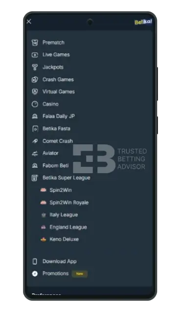 Betika Mobile App Android Menu