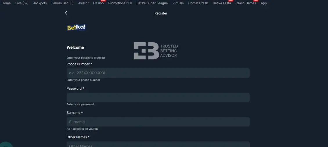 Betika Registration Procedure