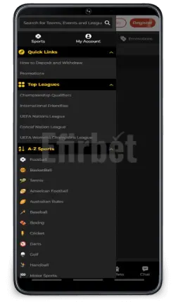 Betlion ZM App for Android - Menu