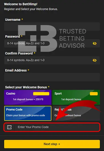 BetOlimp Bonus Code Field