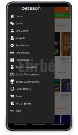 Betsson App Menu