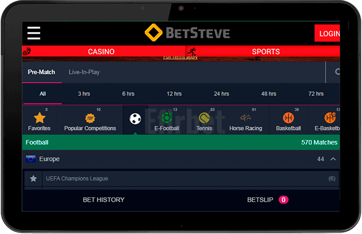BetSteve mobile version for tablet