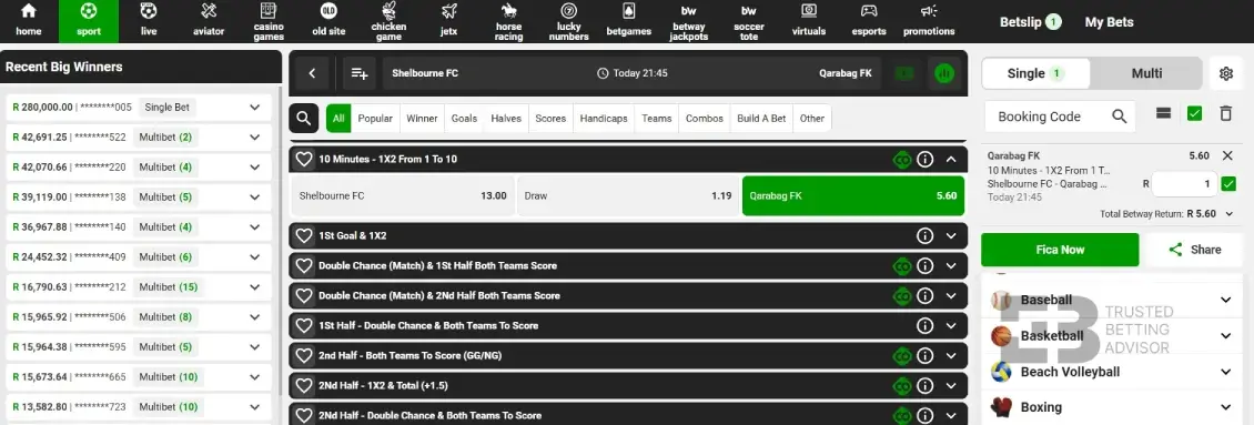 Betway 10 minutes market