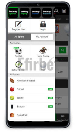 Betway mobile navigation